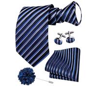 Hi-Tie Zipper Ties for Men Pre-Tied Tie Set Silk Paisley Adjustable Necktie and Pocket Square Set for Wedding, D Roayl Blue, M