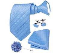 Hi-Tie Zipper Ties for Men Pre-Tied Tie Set Silk Paisley Adjustable Necktie and Pocket Square Set for Wedding, B Light Blue, M