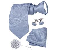 Hi-Tie Zipper Ties for Men Pre-Tied Tie Set Silk Paisley Adjustable Necktie and Pocket Square Set for Wedding, Light Blue, M
