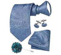 Hi-Tie Zipper Ties for Men Pre-Tied Tie Set Silk Paisley Adjustable Necktie and Pocket Square Set for Wedding, A Light Blue, Medium