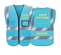 Hi Vis Customized Vest with Logo, Class 2 Personalized High Visibility Reflective Vestwith 5 Pockets and Zipper (LightBlue, XXL)