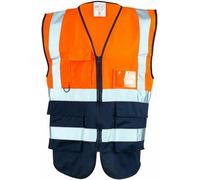 Hi Vis Executive Vest Zipper Front High Visibility Waterproof Reflective Safety Work Waistcoat Jacket Hi Viz Security Workwear with Phone Pocket & ID Holder (Orange/Navy, M)