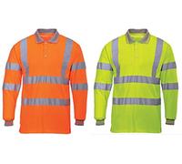 Hi Vis LONG Sleeve Polo Shirt with reflective tape strip yellow orange high visibility glow security work builder 3m scotchlite viz top