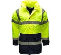 Hi Vis Parka Jacket High Visibility Safety Security Work Wear Waterproof Storm Padded Hi Viz Reflective Protective Hooded Long Coats (UK, Alpha, 4XL, Regular, Regular, Yellow/Navy)