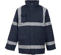 Hi Vis Parka Jacket High Visibility Safety Security Work Wear Waterproof Storm Padded Hi Viz Reflective Protective Hooded Long Coats (UK, Alpha, M, Regular, Regular, Navy)
