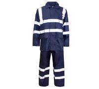 Hi Vis & Plain Unisex Waterproof Rainsuit Set with Hood- 2 Piece Rain Jacket & Trousers -Workwear Wet Weather Top Bottom Suit Reflective Safety Gear for Men & Women- Hi Viz Rain Suit Navy M