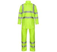 Hi Vis & Plain Unisex Waterproof Rainsuit Set with Hood- 2 Piece Rain Jacket & Trousers -Workwear Wet Weather Top Bottom Suit Reflective Safety Gear for Men & Women- Hi Viz Rain Suit Yellow XL