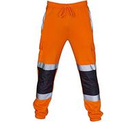 Hi Vis Slim Fit Joggers - Two Tone High Visibility Reflective Workwear Cargo Trousers with Dual Tape Bands, Reinforced Knees & Multi Pockets - Fleece Safety Security Tracksuit Pants Orange Navy S