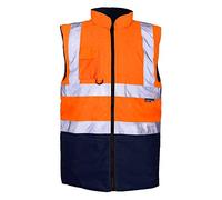 Hi Vis Viz Bodywarmer Fleece Lined Reversible High Visibility Reflective Waterproof Workwear Security Safety Wear Warm Gilet Waistcoat Body Warmer Padded Vest (L, 2 Tone - Orange/Navy)