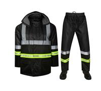 Hi Vis Viz Reflective Contrast High Visibility Tape Rainsuit 2 Piece Set Hooded Waterproof PVC Unisex Rain Suit Jacket & Trousers Workwear Rain Wear