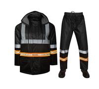Hi Vis Viz Reflective Contrast High Visibility Tape Rainsuit 2 Piece Set Hooded Waterproof PVC Unisex Rain Suit Jacket & Trousers Workwear Rain Wear