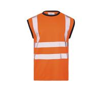 Hi Vis Viz Sleeve Less T-Shirt Stretchable Reflected Tape High Visibility Workwear Safety Security Top (UK, Alpha, XXL, Regular, Regular, Orange/Round Neck)