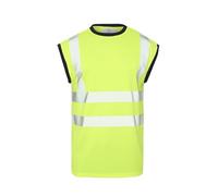 Hi Vis Viz Sleeve Less T-Shirt Stretchable Reflected Tape High Visibility Workwear Safety Security Top (UK, Alpha, M, Regular, Regular, Yellow/Round Neck)
