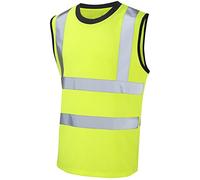 Hi Vis Viz Work Utility Sleeveless Round Neck T-Shirt Warning Vest | High Visibility Safety Security Workwear Double Tape Tank Top Yellow, L)