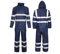 Hi Vis Waterproof Rainsuit 2 Piece Jacket & Trousers Set - High Visibility Workwear Safety Rain Suit Overalls Protective Clothing Outdoor Work Unisex Lightweight Synthetic Waterproof Navy 3XL