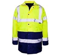 Hi Viz 3/4 Length Parka Two Tone Reflective Tape Waterproof Quilted Work Jacket Coat High Vis Safety Workwear Security Road Works Concealed Hood Fluorescent Flashing EN471 Yellow/Navy Yellow/Navy 4XLarge
