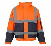 Hi Viz Bomber Jacket Reflective Tape Waterproof Quilted Railway Work Jacket Coat High Vis Safety Workwear Security Road Works Concealed Hood Fluorescent Flashing EN471 Orange/Navy Medium