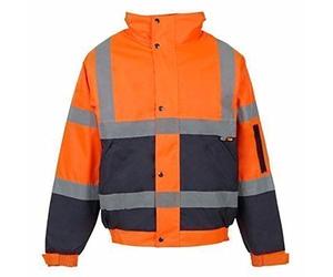 Hi Viz Bomber Jacket Reflective Tape Waterproof Quilted Railway Work Jacket Coat High Vis Safety Workwear Security Road Works Concealed Hood Fluorescent Flashing EN471 Orange/Navy Medium