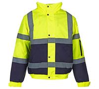 Hi Viz Bomber Jacket Two Tone Reflective Tape Waterproof Quilted Work Jacket Coat High Vis Visibility Safety Workwear Security Road Works Concealed Hood Fluorescent Flashing Top (Yellow/Navy, M)