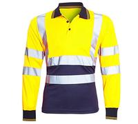 Hi Viz Long Sleeve Polo Shirts, Mens High Visibility Reflective Tape Safety Security Workwear T-Shirt Tops (Yellow/Navy, X-Large)