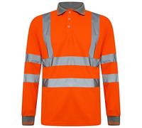 Hi Viz Long Sleeve Polo Shirts, Mens High Visibility Reflective Tape Safety Security Workwear T-Shirt Tops (Orange, Medium)