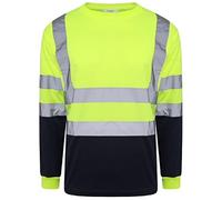 Hi Viz Vis High Visibility Crew Neck Long Sleeves T Shirts Reflective Tape Safety Hi Vis Round Neck Security Work Breathable Lightweight Workwear Tops (Yellow/Navy Large)
