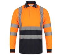 Hi Viz Vis High Visibility Polo Neck Long Sleeves T Shirts Reflective Tape Safety Hi Vis Collared Neck Security Work Breathable Lightweight Workwear Tops (Orange/Navy with Navy Collar Large)