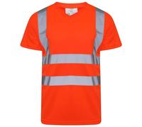 Hi Viz Vis V Neck T-Shirts High Visibility Reflective Tape Safety Security Work Bird Eye Short Sleeve T Shirt Breathable Lightweight Double Tape Workwear Top (V Neck Orange, 2XL)