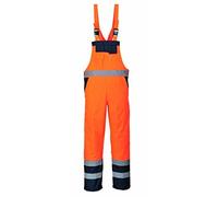 Portwest S488 Waterproof Bib and Brace Overalls Hi Vis Mens Waterproof Work Trousers Overtrousers Rain Dungarees Reflective Utility Pockets, Orange/Navy, L