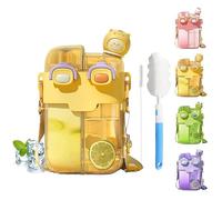 Hi-Y2Kgirls Kawaii Water Bottle with Straw, BPA-free Cute Water Bottles with Kawaii 3D Stickers, Portable Double Chamber Bottle with Leakproof Cap and Adjustable Strap, 26 oz (Yellow(Cat))