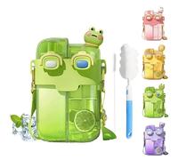 Hi-Y2Kgirls Kawaii Water Bottle with Straw, BPA-free Cute Water Bottles with Kawaii 3D Stickers, Portable Double Chamber Bottle with Leakproof Cap and Adjustable Strap, 26 oz (Green(Frog))