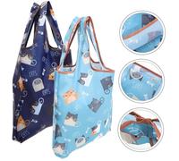 HIAKDOFT 2pcs Foldable Portable Shopping Tote Bag Oxford Cloth Reusable Grocery Handbag with Capacity Cute Cat Print for Women and Daily Use