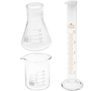 HIAKDOFT 3pcs Scientific Lab Glass Measuring Beaker Conical Flask Graduated Cylinder High Temperature Resistant Laboratory Tools for Chemistry Education and Research Use