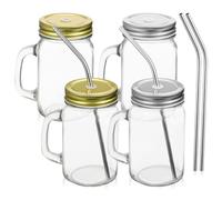 HIAKDOFT 4 Pcs Transparent Glass Mugs with Handle Lid and Stainless Steel Straw Square Drinking Jars for Adults Reusable Cups for Water Juice Milk Coffee