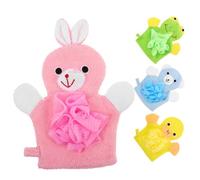 HIAKDOFT 4Pcs Bathing Gloves Soft Shower Mitts for Gentle Skin Massage Assorted Cartoon Colors Yellow Duck Pink Rabbit Green Frog Blue Bear