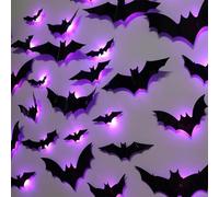 HIAME 12PCS LED Bats Stickers, 3D Bats Wall Sticker Night Light Halloween Decoration for Wall 5 Sizes, Realistic Bats Light Wall Decor for Home Window Living Room