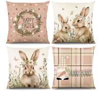 Hianjoo Easter Cushion Cover, 4PCS Linen Easter Pillowcase Happy Easter Bunny Gnome Throw Pillow Cases for Easter Decoration 45 * 45cm (Pink)