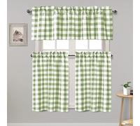 Hiasan 3 Piece Semi Sheer Sage Green Kitchen Curtains Light Filtering Buffalo Checkered Tier and Valance Window Curtains Set, 60 W x 18 L (1 Panel) + 29 W x 36 L (2 Panels)
