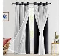 Hiasan Black Blackout Curtains with Sheer 84 Inches Long, Thermal Insulated Mix & Match Double Layer Room Darkening Curtains for Bedroom, Living Room, 2 Window Drape Panels with Tiebacks, 38W X 84L