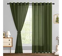 Hiasan Sheer Curtains for Bedroom with Tiebacks, Grommet Light Filtering Extra Wide Voile Texture Window Curtains for Living Room, Kids' Room and Nursery, Olive Green, W70 x L84, 2 Soft Drape Panels