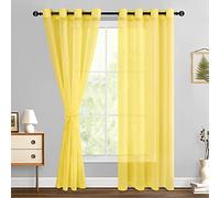 Hiasan Sheer Curtains for Living Room with Tiebacks, Grommet Top Light Filtering Airy Voile Drapes Lightweight Window Curtains for Bedroom, Nursery, Yellow, W52 x L84, Set of 2 Soft Textured Panels