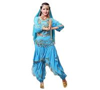 Hibasing 4 Piece Oriental Indian Dance Arabian Princess Clothes Outfit Women Shiny Tops + Pants Bollywood Cosplay Set Bellydance Dancewear