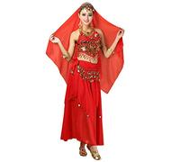 Hibasing Belly Dance Costume India Arab Dancing Tassel Sequined Performance Outfit Set for Women Red