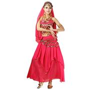 Hibasing Belly Dance Costume India Arab Dancing Tassel Sequined Performance Outfit Set for Women Rose Red