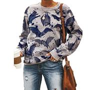 Hibasing Women's Sweatshirt Halloween Bat Graphic Print Blouse Tops Round Neck Pullover Tops Gray