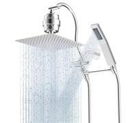 Hibbent All Metal 12'' Filtered Rainfall Shower Head Combo, High Pressure Handheld Shower Wand, 12'' Adjustable Curved Extension Arm, 20 Stage Shower Filter, 71'' Hose, 2 Shower Head Holders, Chrome