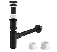 Hibbent Bathroom Sink Bottle Trap with Pop Up Plug, G1 1/4'' (40.4mm), Basin Waste Pipe Kit (for Basins with an Overflow), Stainless Steel Bendable Drain Pipe, Adjustable Height, Brass Core, Black