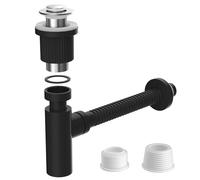 Hibbent Black Sink Waste Pipe Kit with a Chrome Lid, Fits with or Without Overflow Hole, 304 Bendable Stainless Steel Drain Pipe with Pop-Up Plug, G1 1/4'', Leak-Proof & Odour-Free