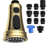 Hibbent Gold Pull Down Faucet Spray Head, 3 Function Faucet Sprayer Nozzle with 10 Adapters, Compatible with Moen, American Standard, Kohler Faucets, Polished Brass