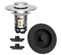 Hibbent Kitchen & Bathroom 3-in-1 Sink Plug Bundle | Chrome Brass Bathroom Pop Up Stopper (30-60mm) + Black All Metal Kitchen Strainer Stopper (70-86mm) | Anti-Clog Hair & Food Catcher